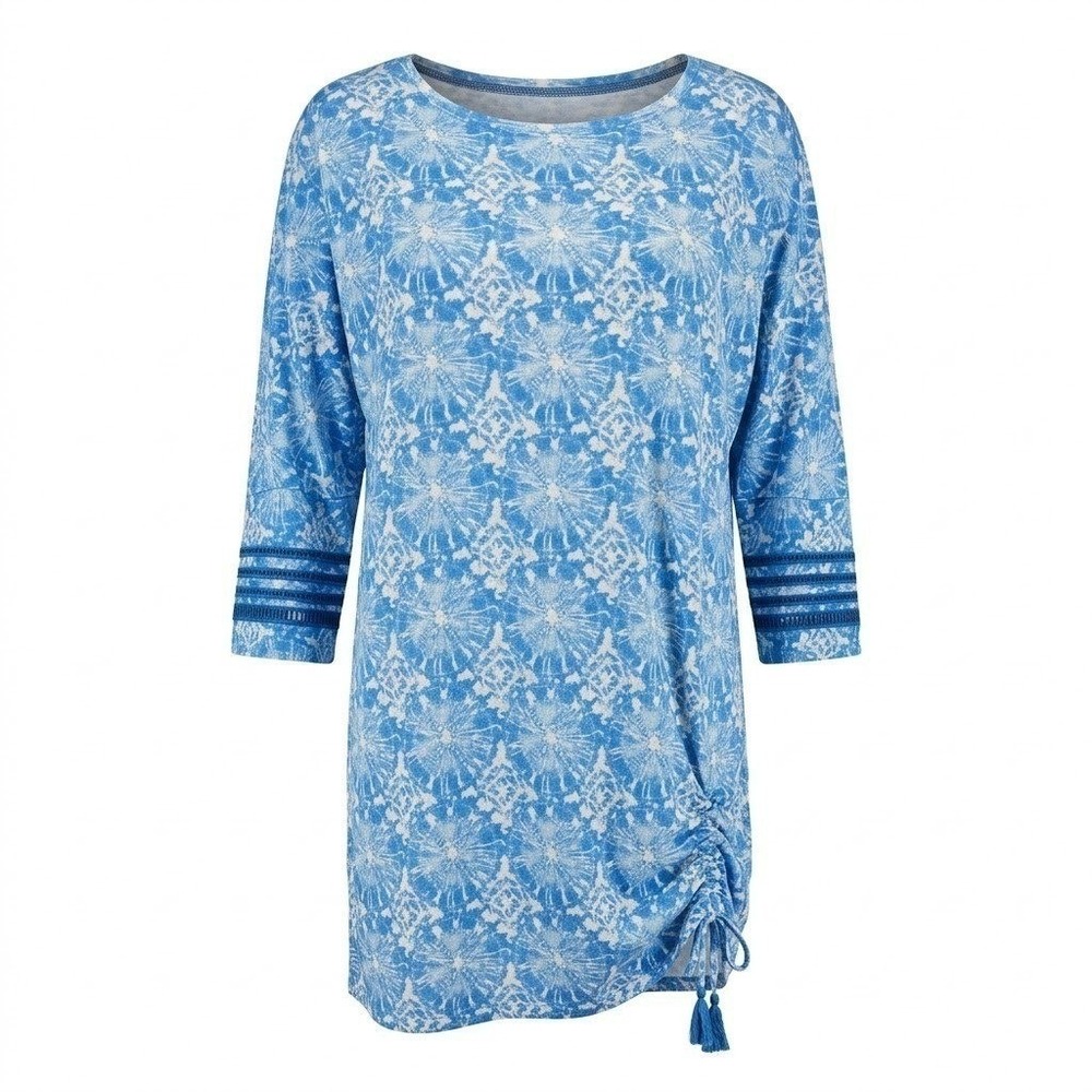 NEW Ali Miles Women's LARGE Blue White Batik Floral Linen Blend Tunic Top